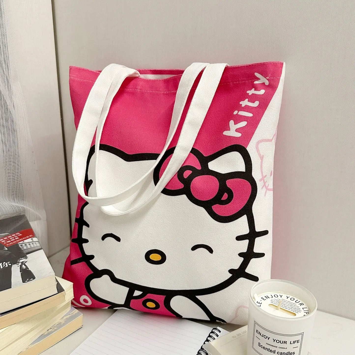 Sanrio Hello Kitty Large Capacity Handbag Cartoon Canvas Bag Casual Commuter Satchel Fashion Shoulder Bag Holiday Gift for Girls
