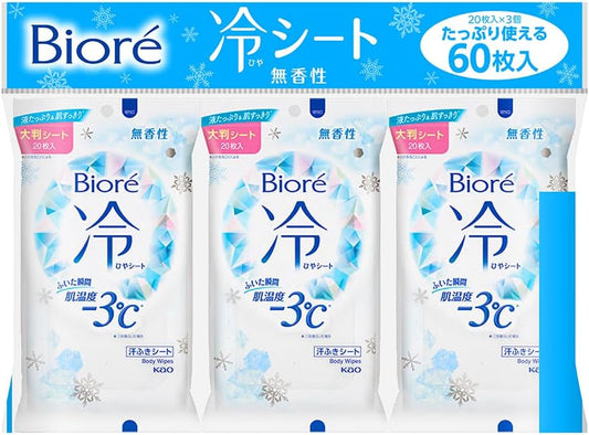 Bioré Cooling Body Wipes [Unscented | 3-Pack Set] – Extra-Large, Thick Sheets with Menthol | For Heat Protection & Sweat Removal