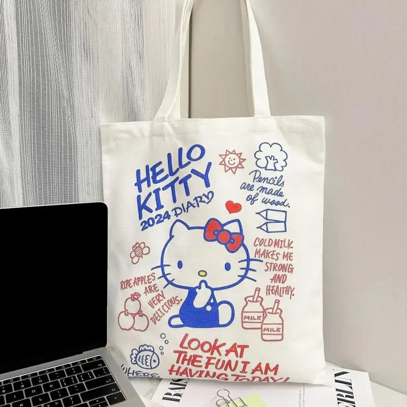 Sanrio Hello Kitty Large Capacity Handbag Cartoon Canvas Bag Casual Commuter Satchel Fashion Shoulder Bag Holiday Gift for Girls