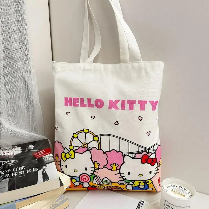 Sanrio Hello Kitty Large Capacity Handbag Cartoon Canvas Bag Casual Commuter Satchel Fashion Shoulder Bag Holiday Gift for Girls